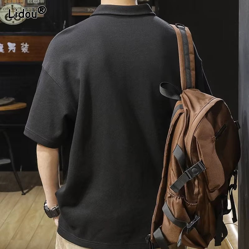 Turn-Down Collar Spring Summer Thin Simplicity T-Shirts Handsome Short Sleeve Button Solid Loose Fashion Casual Men'S Clothing