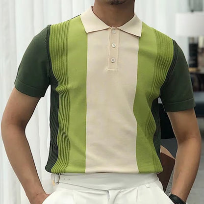 Vintage Pattern Print Patchwork Knit Polo Shirt Men Casual Button Lapel Pullover Summer Fashion Men Short Sleeve Slim Polo Shirt