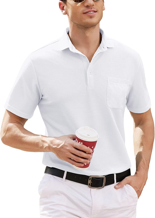 Men'S Golf Shirts Slim Fit Polo Shirt Cotton Pique Mesh Basic T Shirt White