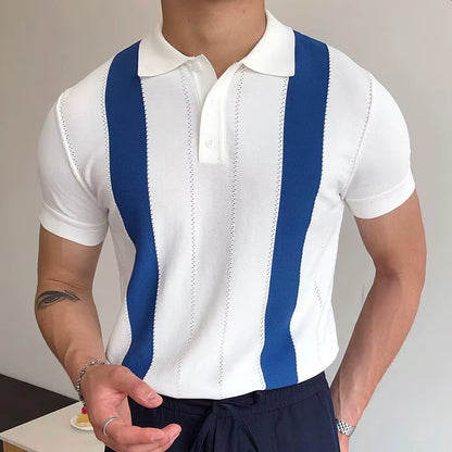 Vintage Pattern Print Patchwork Knit Polo Shirt Men Casual Button Lapel Pullover Summer Fashion Men Short Sleeve Slim Polo Shirt