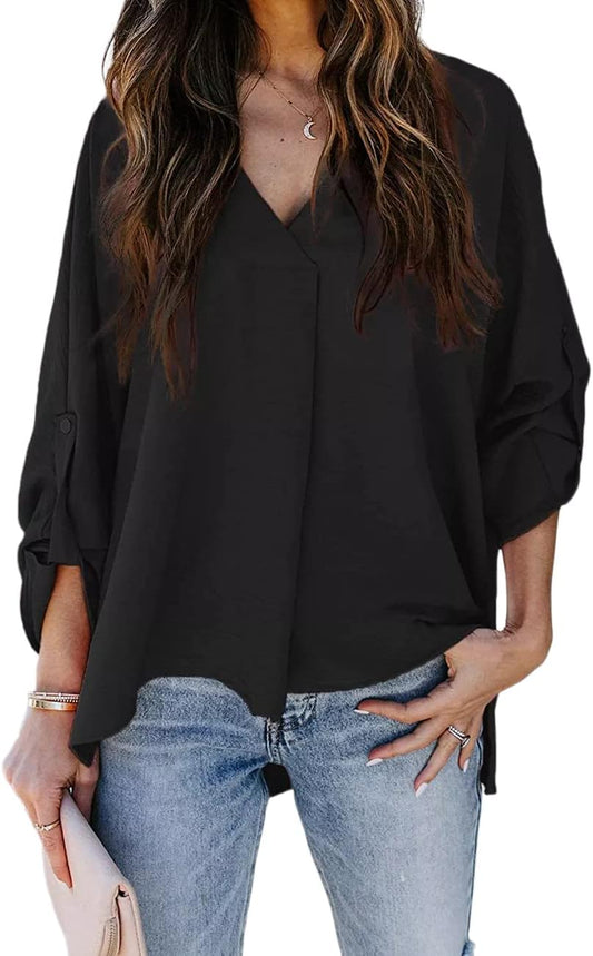 Womens Casual V Neck Chiffon Blouse Roll up Long Sleeve Loose Solid Color Work Shirts Tops