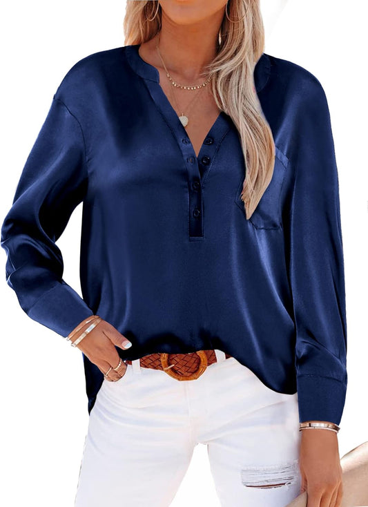 Satin Blouses for Women Button down Silky Shirts V Neck Roll up Long Sleeve Casual Loose Office Work Tops