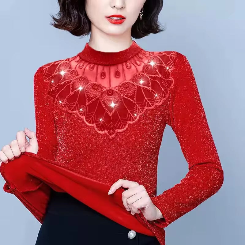 Lace Turtleneck Long Sleeve T-Shirt Top Mesh Women'S Middle Autumn and Winter Women'S Clothes