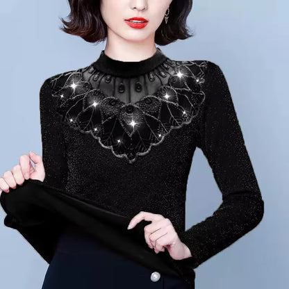 Lace Turtleneck Long Sleeve T-Shirt Top Mesh Women'S Middle Autumn and Winter Women'S Clothes