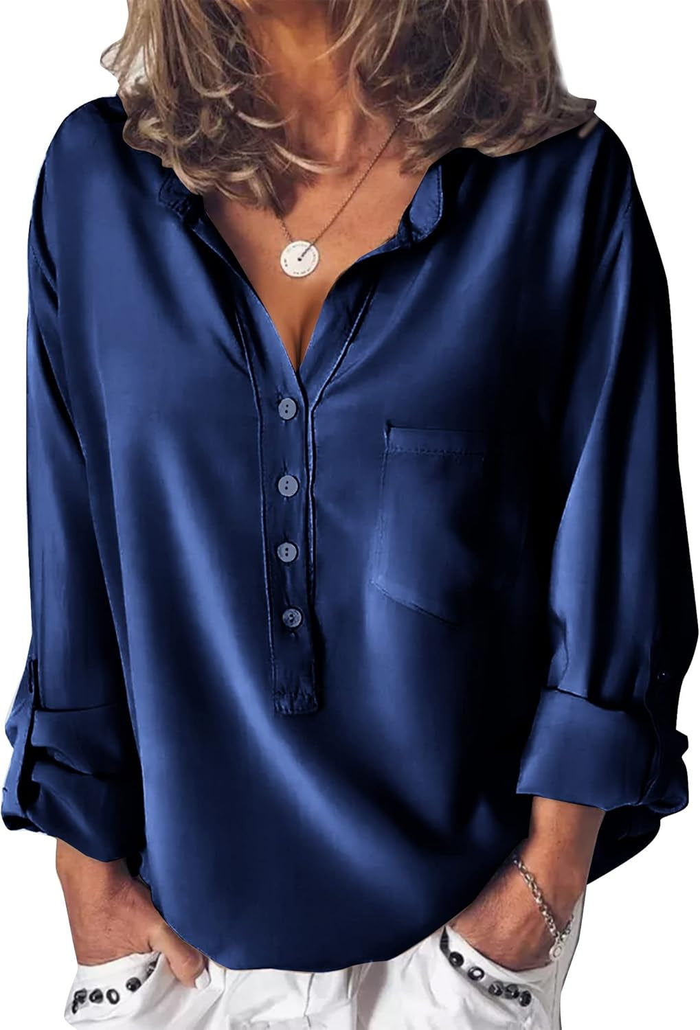 Satin Blouses for Women Button down Silky Shirts V Neck Roll up Long Sleeve Casual Loose Office Work Tops