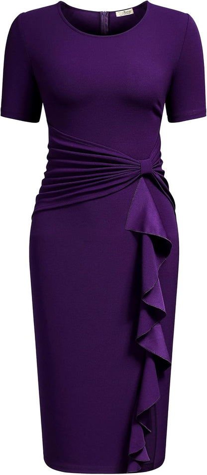 Women'S 50S Vintage Ruffle Peplum Cocktail Pencil Knee Dress