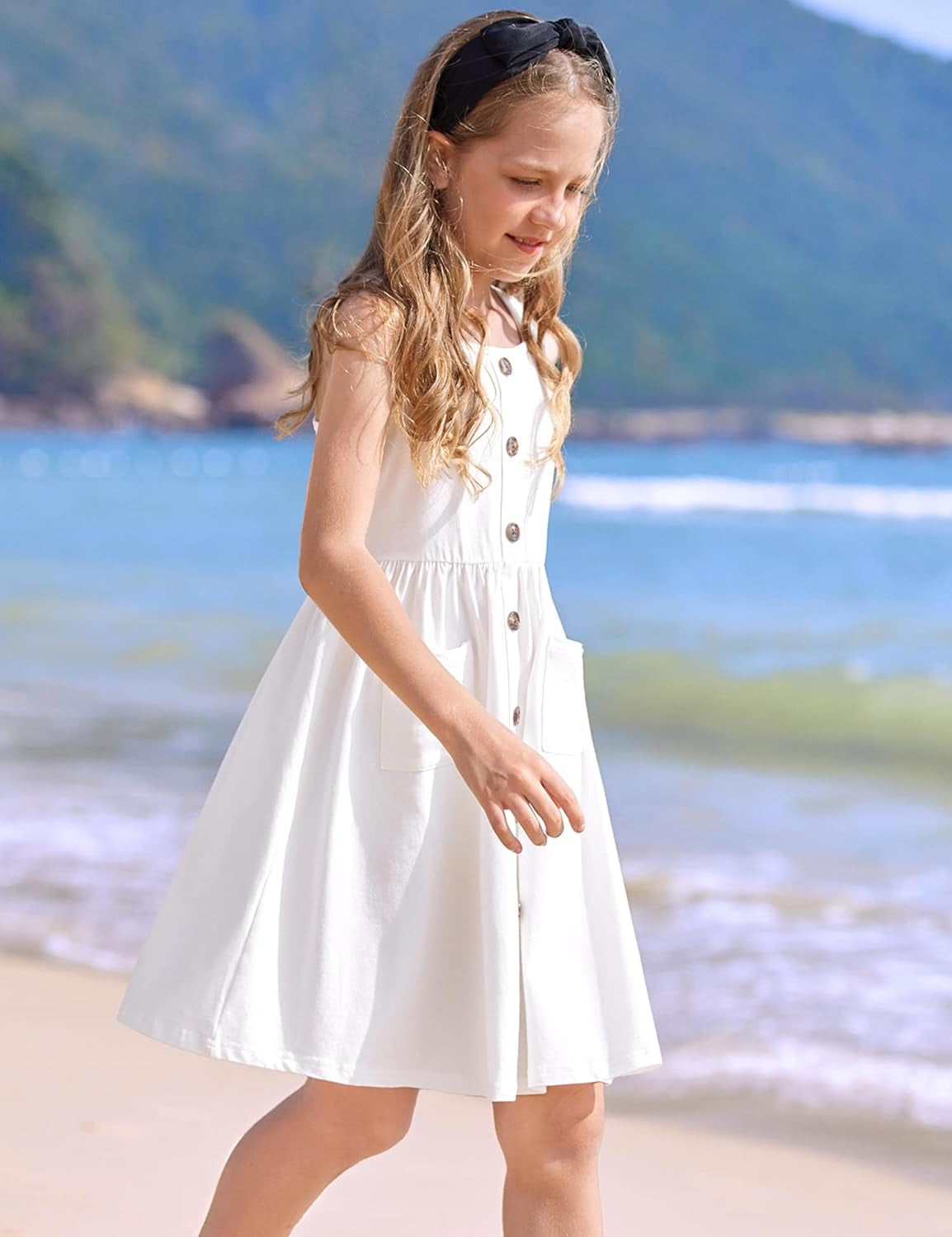 Girl'S Spaghetti Strap Button down Midi Sleeveless Summer Casual Sundress A-Line Dress with Pockets