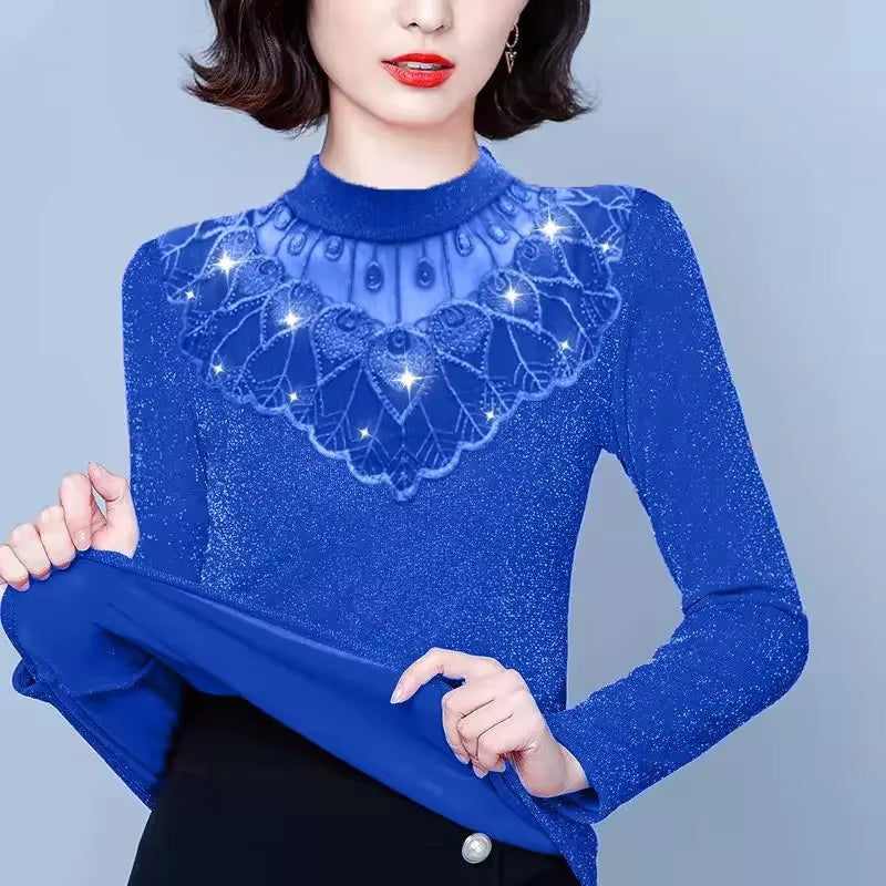 Lace Turtleneck Long Sleeve T-Shirt Top Mesh Women'S Middle Autumn and Winter Women'S Clothes