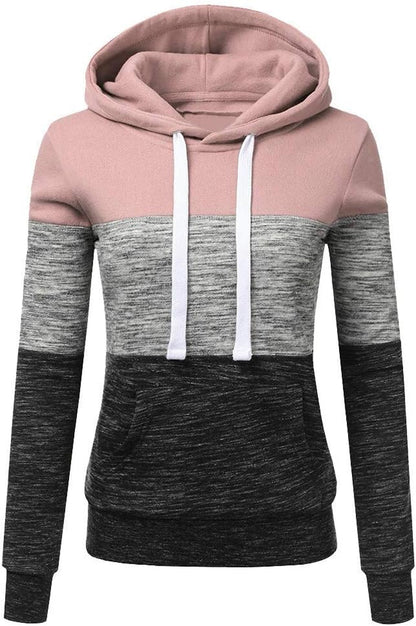 Womens Color Splicing Hoodies Sweatshirt Casual Elastic Hooded Pullover Tops