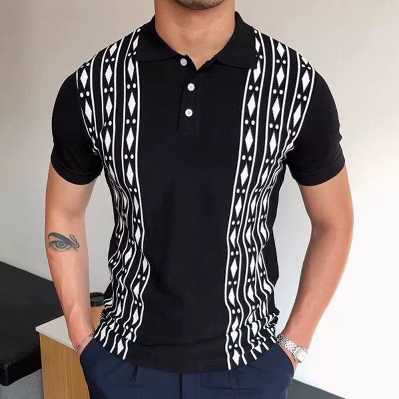 Vintage Pattern Print Patchwork Knit Polo Shirt Men Casual Button Lapel Pullover Summer Fashion Men Short Sleeve Slim Polo Shirt